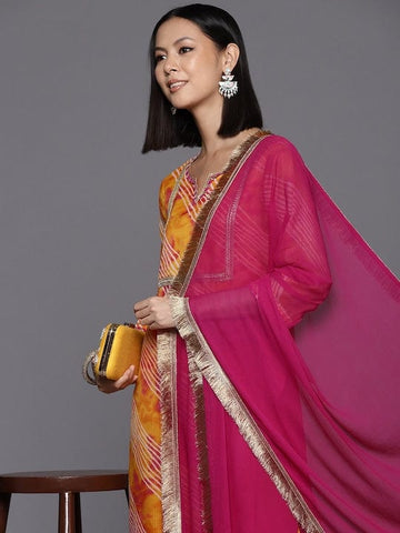 Varanga Women Orange Bandhani Printed Straight Kurta Paired With Bottom And Dupatta